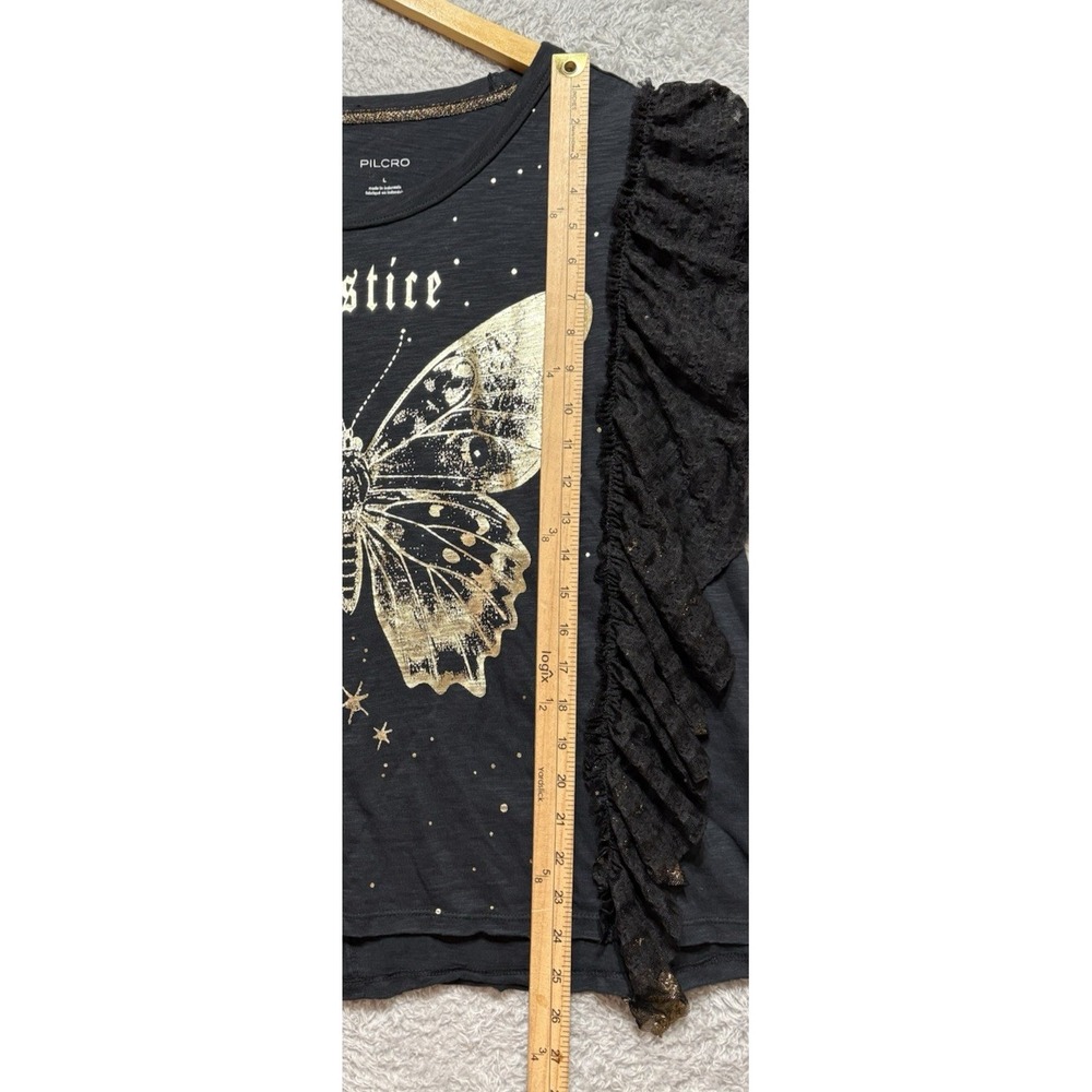 Anthropologie Pilcro Womens L Butterfly Tee Black Gold Lace Ruffle Boho Fairy - Picture 7 of 11
